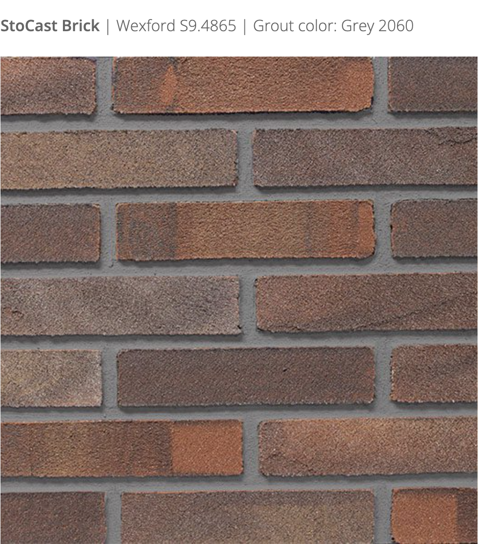 Stocast Brick close-up in Wexford colour, code S9.4865, with Grey grout, code 2060, showing realistic masonry finish