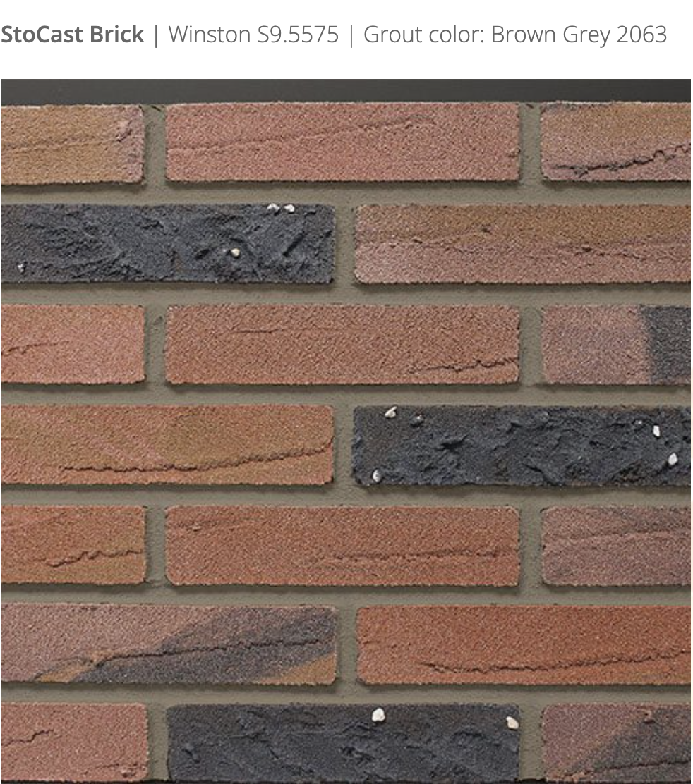 Stocast Brick close-up in Winston colour, code S9.5575, with Brown Grey grout, code 2063, showing realistic masonry finish