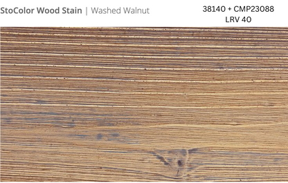 Close-up of Stocast wood with Stocolor woodstain in Washed Walnut colours, codes 38140 and CMP23088, showing textured wood finish