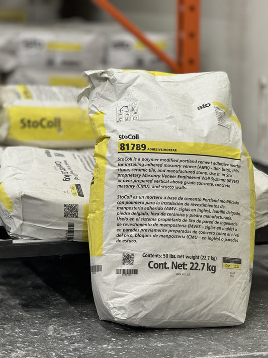 StoColl adhesive mortar bag with product information and label clearly visible, used for bonding insulation boards in EIFS systems