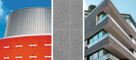 StoTherm ci collage showing a variety of exterior finishes on buildings, including brick, stone, metallic, and panel systems