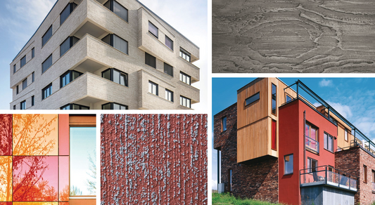 StoTherm ci Mineral system image showing multiple exterior finishes including Stocast Wood, stucco render, Stocast Brick, and Stoventec glass panels on building facades